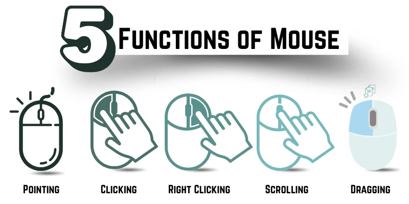 5 functions of mouse showing pointing, clicking, right clicking, scrolling & drag-drop