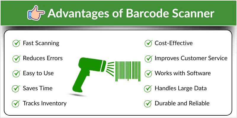 Benefits of barcode scanner with icon, highlighting fast scanning and error reduction.