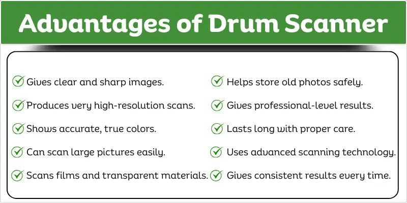 List of drum scanner advantages, highlighting high resolution and professional results.