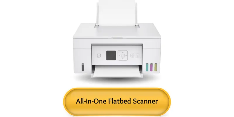 All-in-one flatbed scanner with sleek design and control panel.