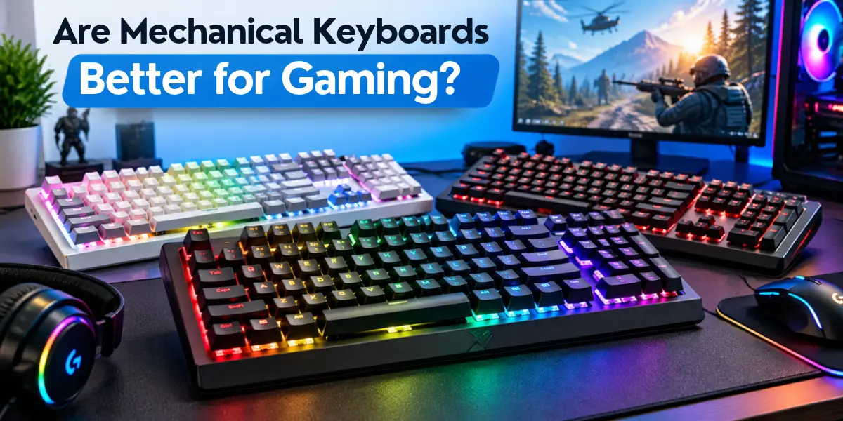 RGB mechanical gaming keyboards arranged in front of a gaming monitor