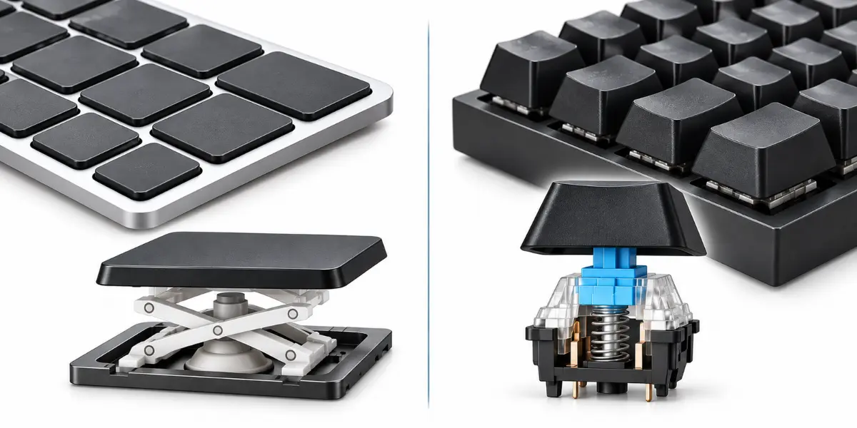 Chiclet and mechanical keyboard keys showing different key designs and mechanisms