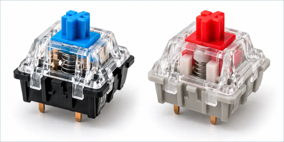 Clicky mechanical keyboard switch compared with a silent linear switch