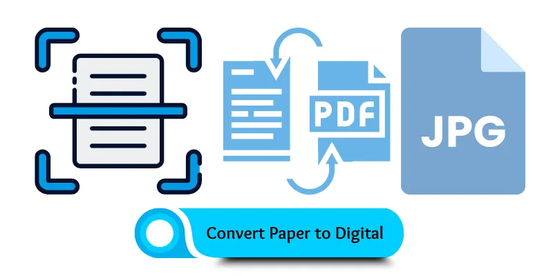 Icons showing how scanners convert paper documents to digital formats like PDF and JPG