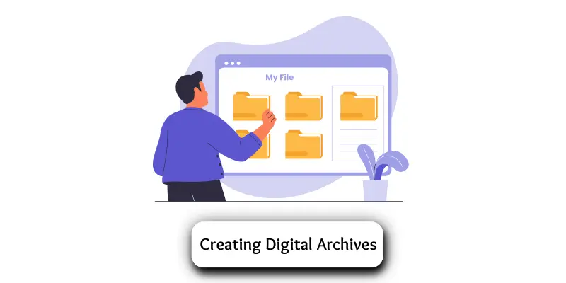 Man creating digital archives using computer folders.
