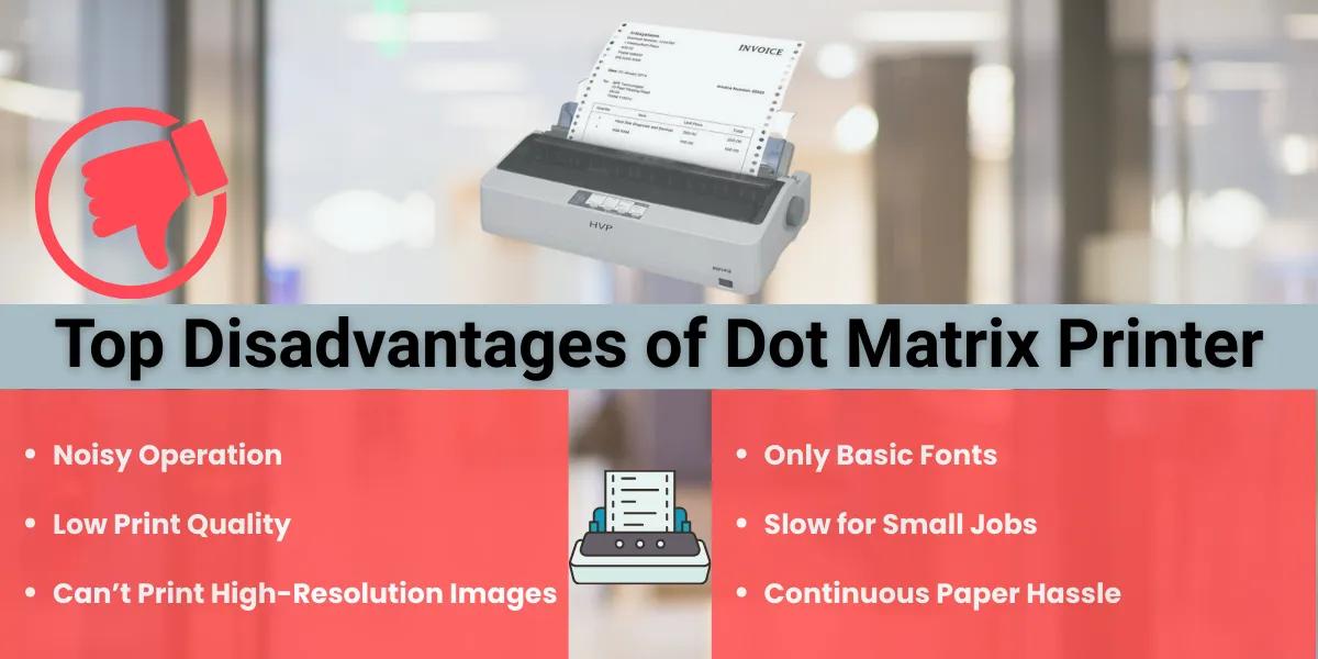 Disadvantages of dot matrix printer - infographic with key points