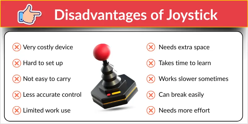 Disadvantages of joystick: cost, setup difficulty, and less accuracy.