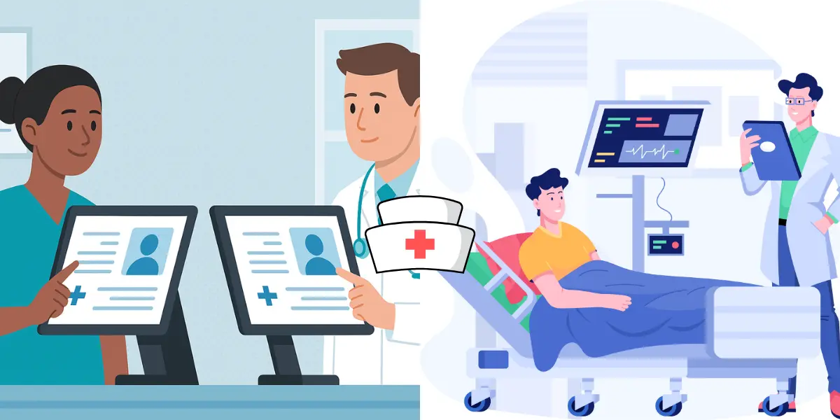 Doctors using touch screen monitors in hospital