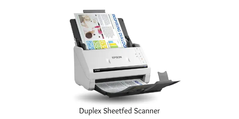 Image of duplex sheetfed scanner with automatic double-sided document scanning.