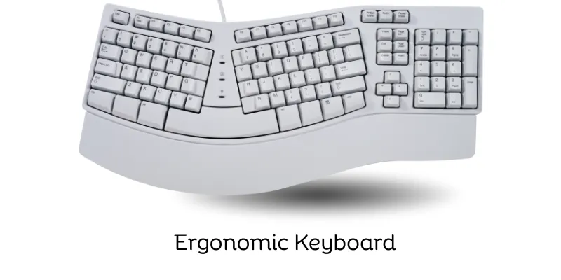 Ergonomic keyboard with curved split key layout, labled as ergonomic keyboard