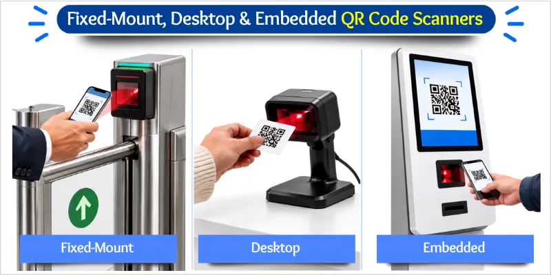 Fixed-mount, desktop, and embedded QR code scanners in different setups