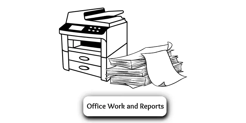 Flatbed scanner with a stack of office documents and reports.