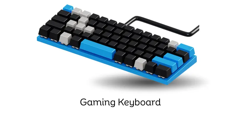 Gaming keyboard with black, blue, and gray keys, labeled as gaming keyboard