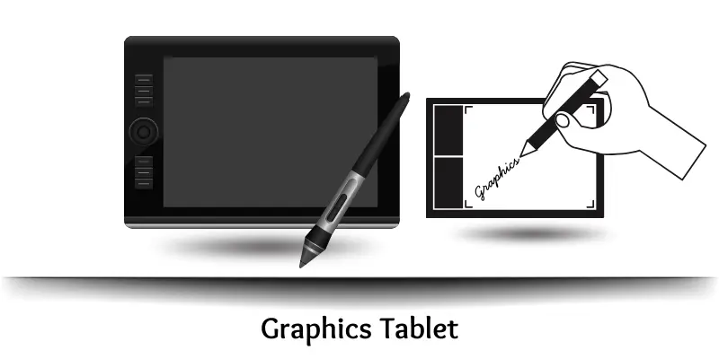 Graphics tablet input device used for digital drawing and handwriting input in computers using a stylus pen.