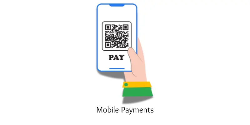 Handheld scanner displaying a QR code for mobile payment transaction.