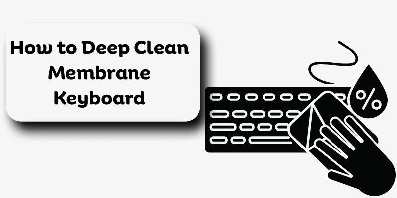 Illustration showing how to deep clean a membrane keyboard using a cloth and liquid cleaner
