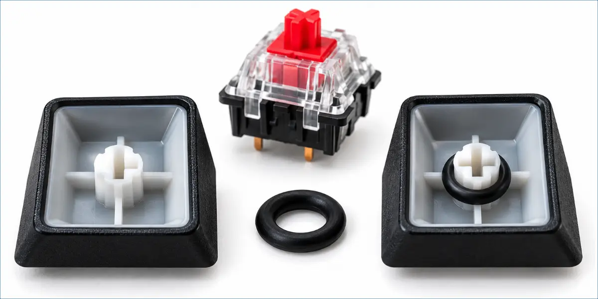 Rubber O-ring fitted around a compatible mechanical keyboard keycap stem