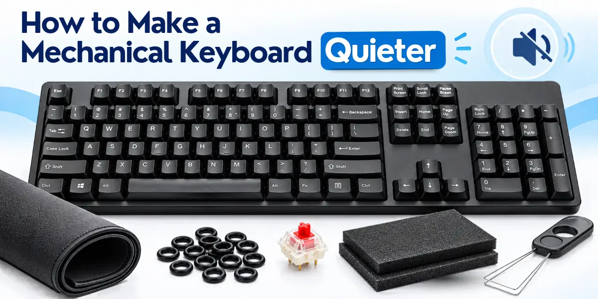 Mechanical keyboard with O-rings, a red-stem switch, sound-dampening foam, and a desk mat to show how to make a mechanical keyboard quieter