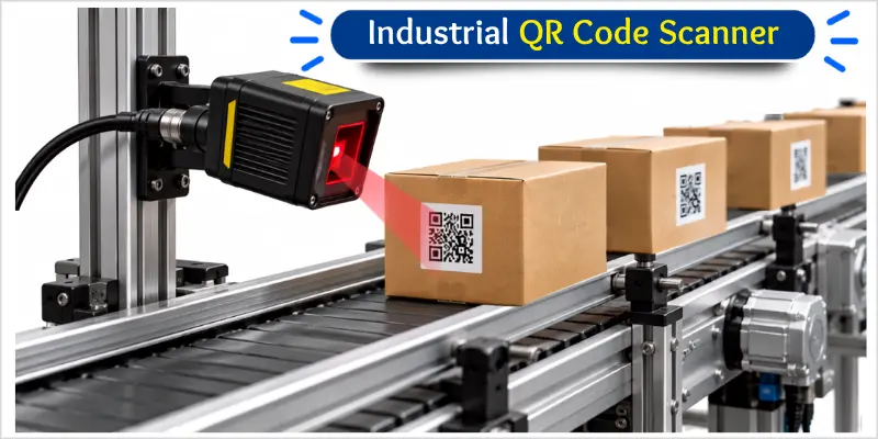 Industrial QR code scanner tracking products on a manufacturing line