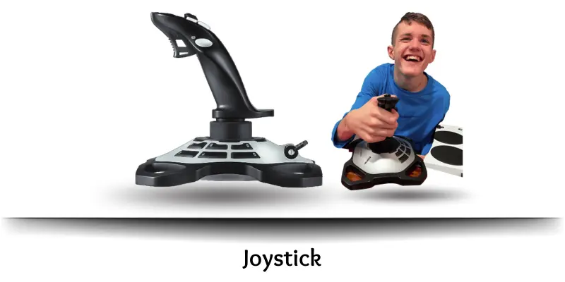 A young boy using a computer joystick input device with a smile, demonstrating its use for gaming and interaction.