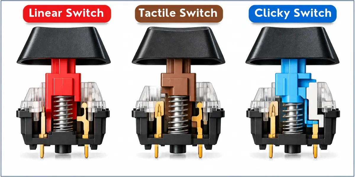 Linear, tactile, and clicky mechanical switches shown side by side