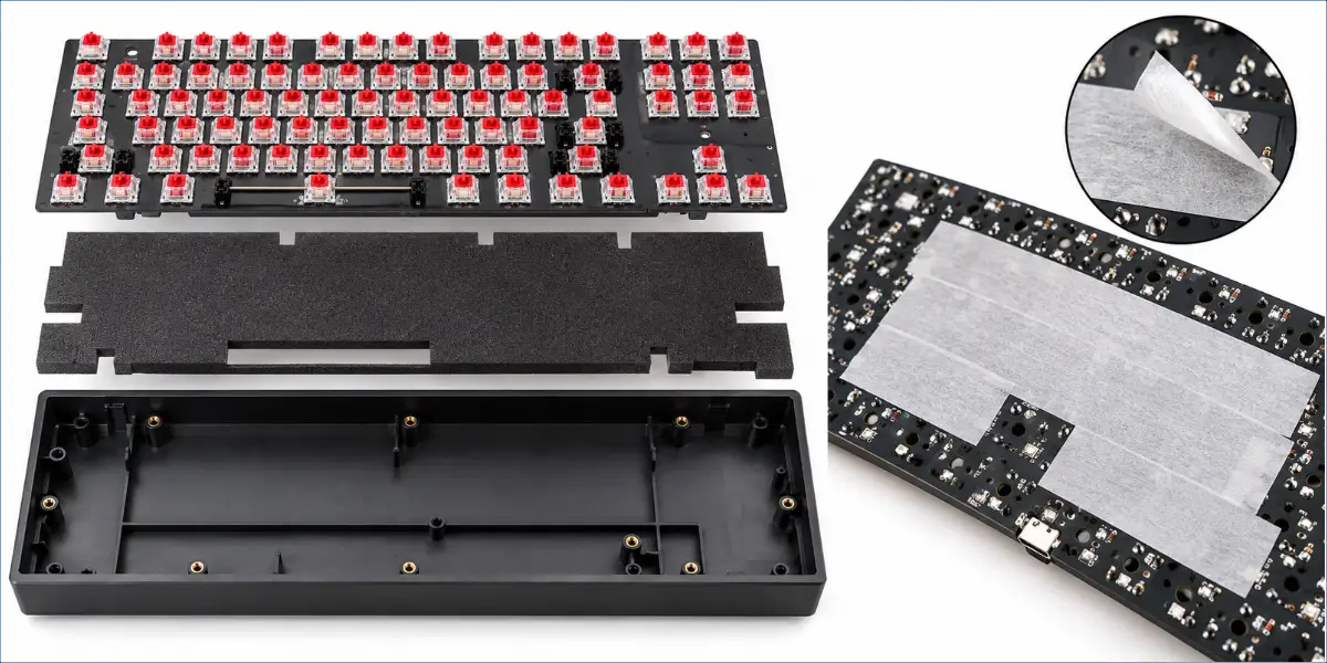 Mechanical keyboard interior showing sound-dampening foam and the optional tape mod