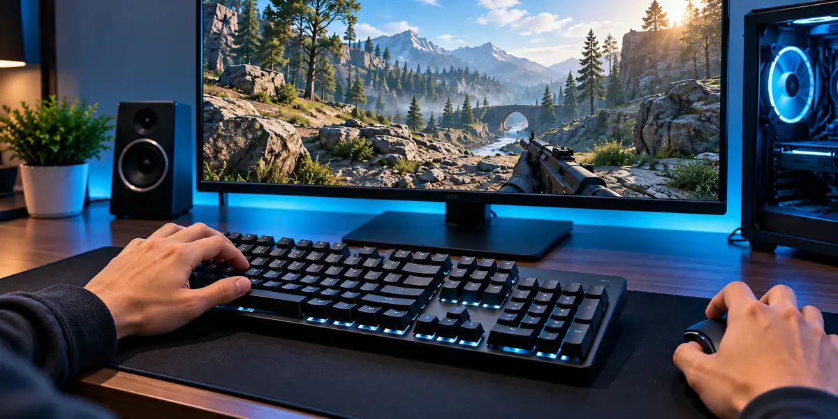 Mechanical keyboard with blue backlighting in front of a gaming monitor