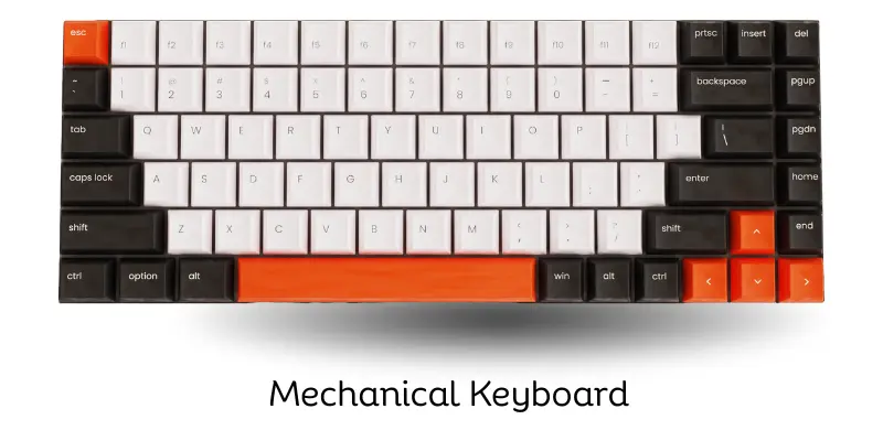Mechanical keyboard with custom orange and white keycaps.