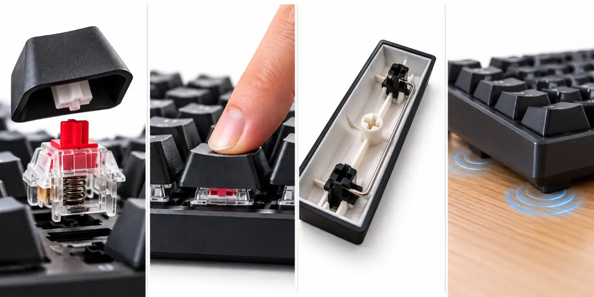 Four common sources of mechanical keyboard noise: switch clicking, key impact, stabilizer rattle, and desk vibration