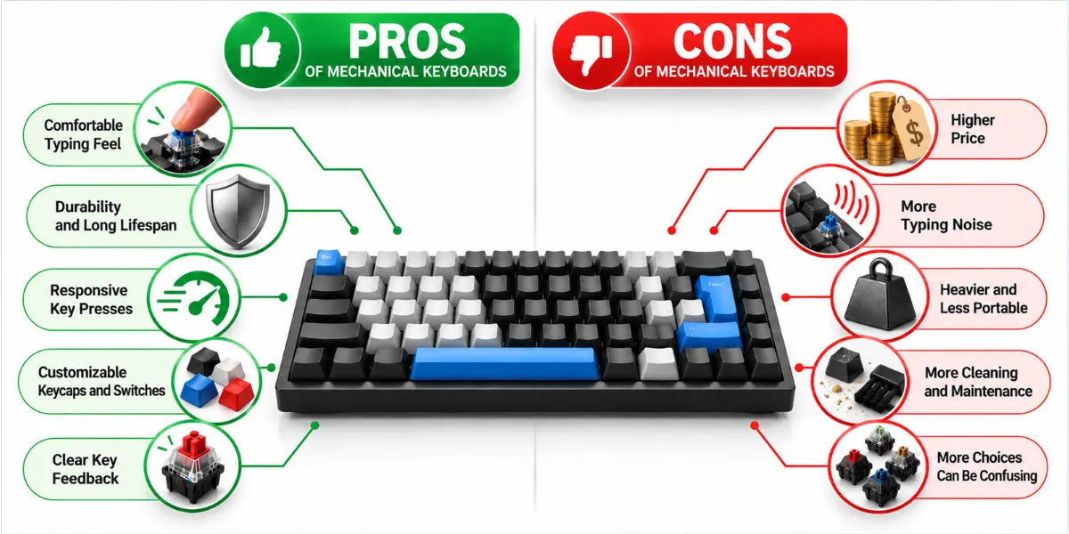 Mechanical keyboard pros and cons showing key benefits and drawbacks