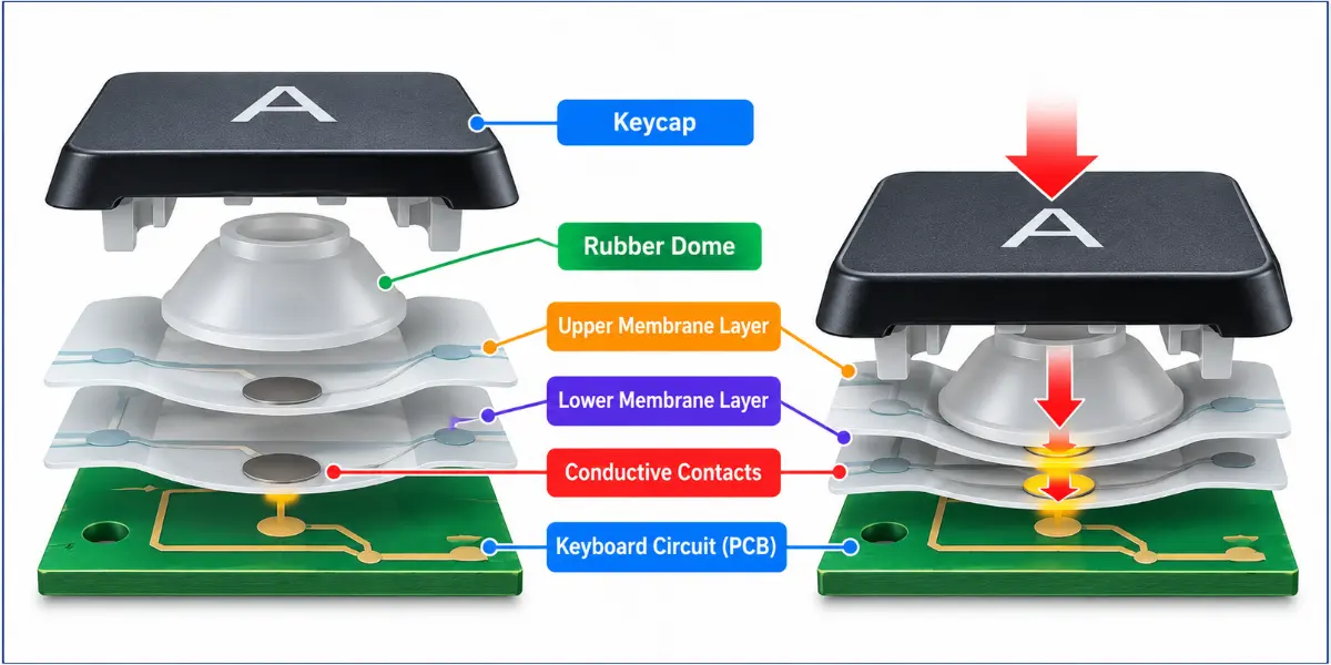 Membrane keyboard mechanism showing how a keypress is registered