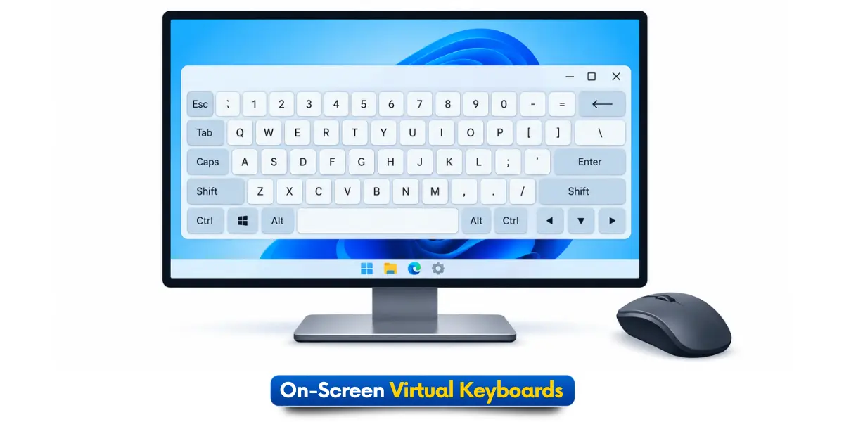 On-screen virtual keyboard displayed on a computer monitor with a mouse