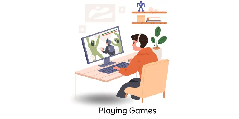 Boy using keyboard to play computer shooting game with headset on