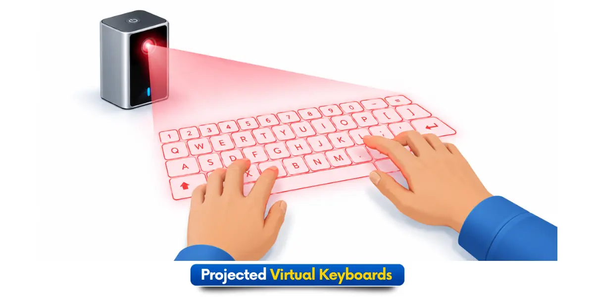 Projected virtual keyboard with hands typing on illuminated keys