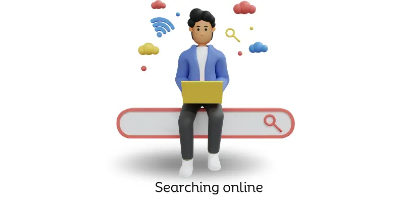 Person using laptop keyboard for searching information online with internet icon