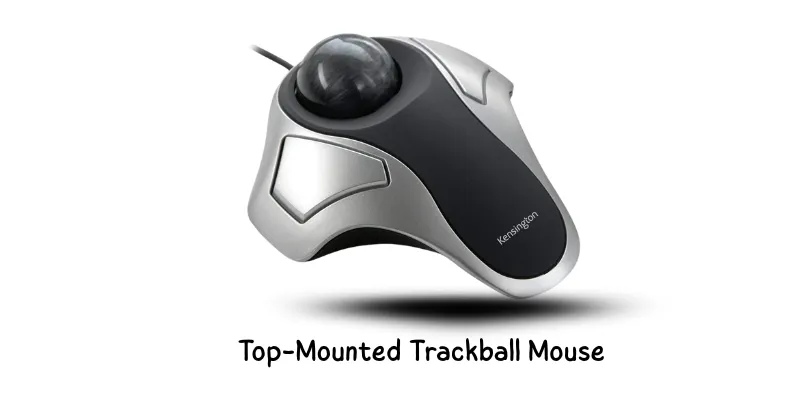 Top-mounted trackball mouse with center-positioned ball for ergonomic control