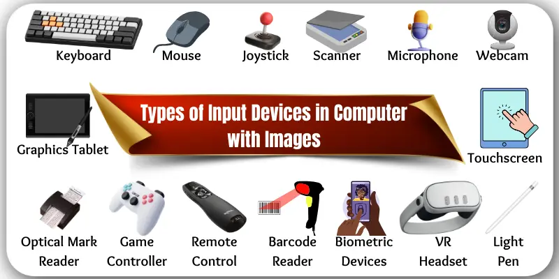 Graphic with names and images of types of input devices in computer like keyboard, mouse, and scanner.