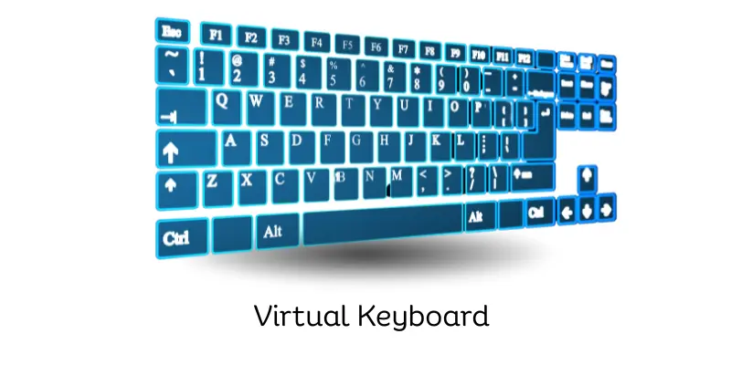 Virtual keyboard with digital blue keys layout, labeled as virtual keyboard