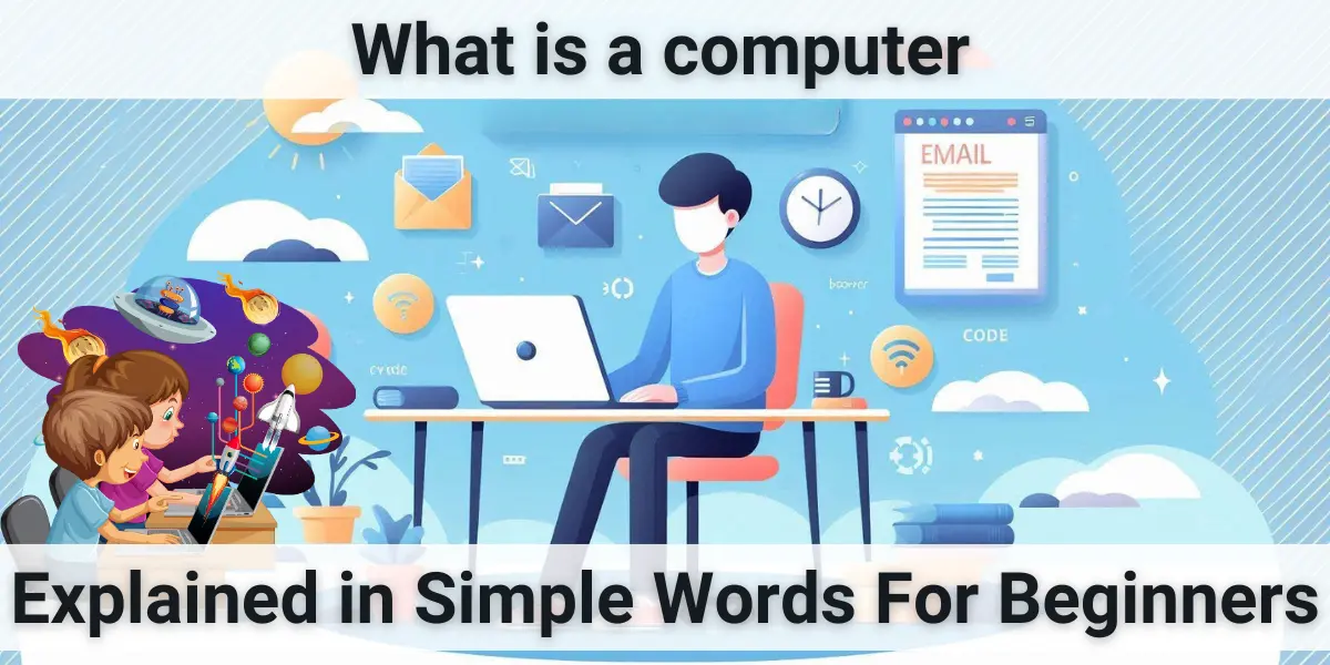 Student and kids using a laptop with icons like email, code, and Wi-Fi—explaining what is a computer in simple words.