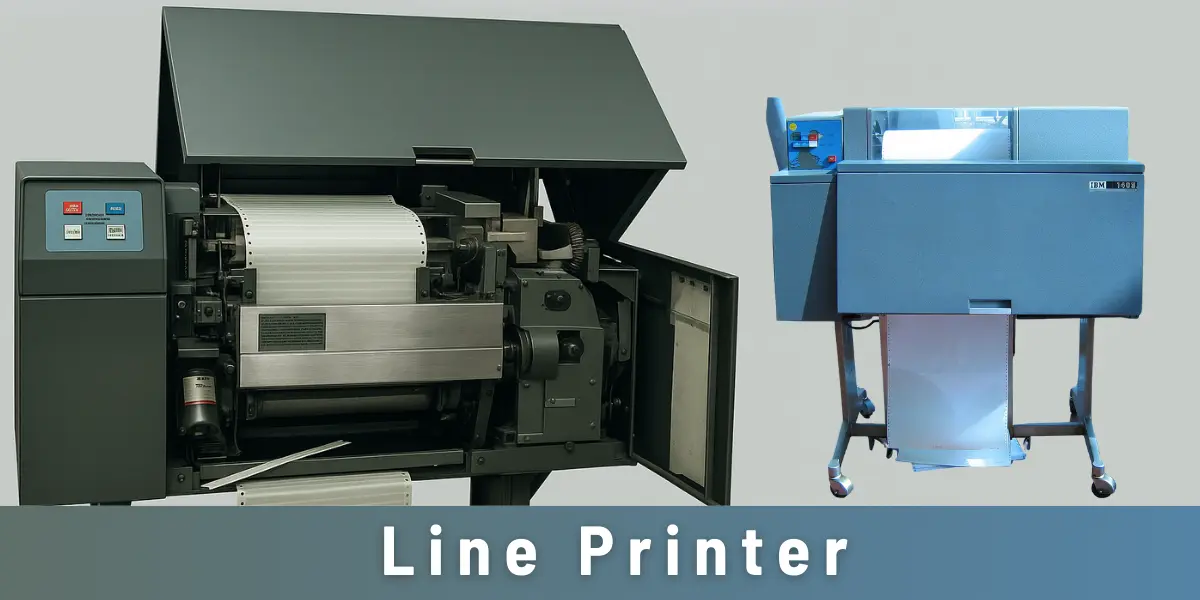 What is line printer – image showing an old line printer printing on continuous paper in a computer lab.