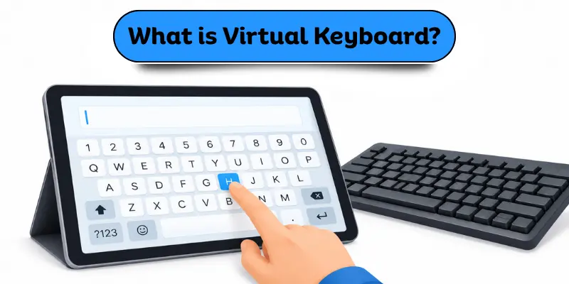 Virtual keyboard displayed on a tablet screen with a physical keyboard nearby