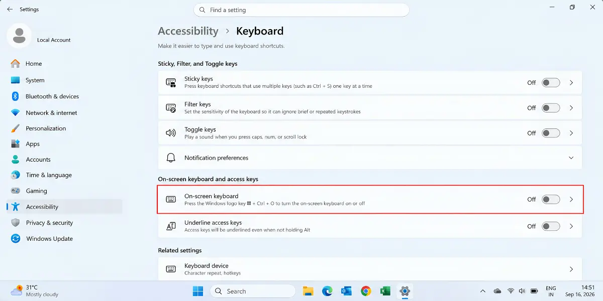 Windows 11 Settings showing the On-Screen Keyboard option