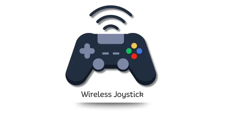 Wireless joystick with multiple control buttons and connectivity icon